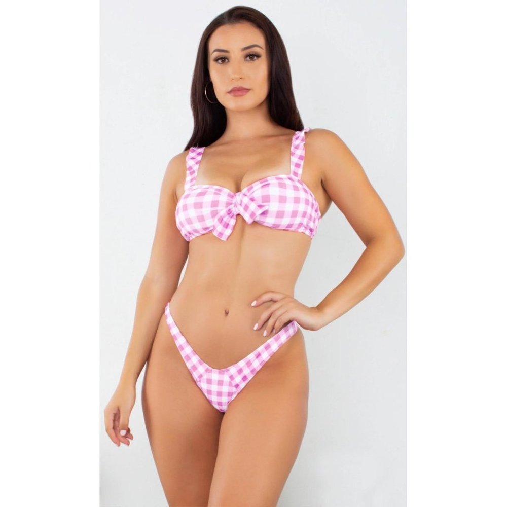 Pink Gingham Plaid Pattern Sleeveless Ruffle Tie Two Piece Bikini Swimsuit NWT